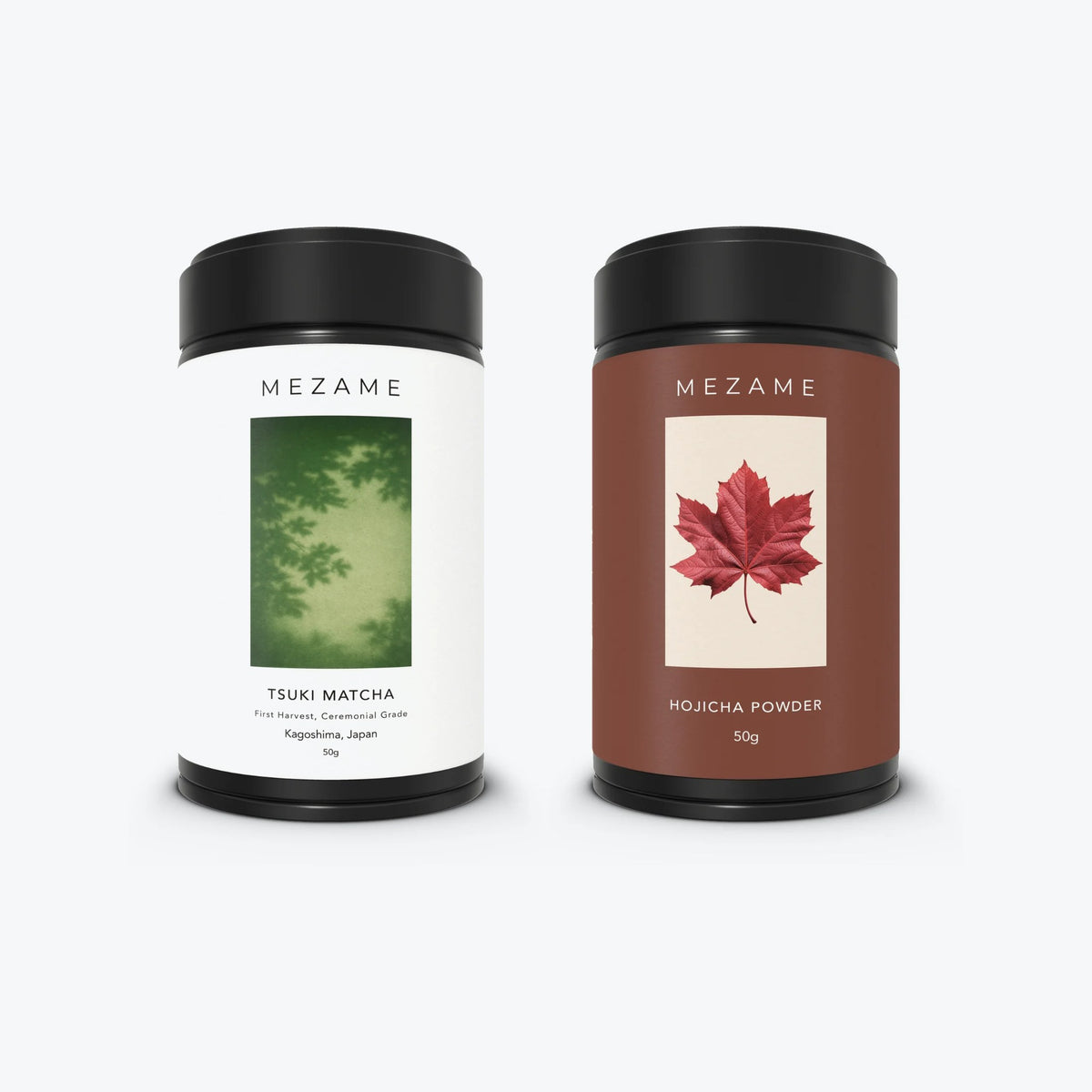Mezame AM + PM Tea Pair: Tsuki Matcha 50g and Hojicha 50g tins